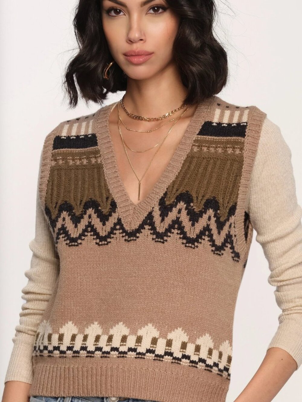 Heartloom Taupe V-Neck Fair Isle Knit Sweater Vest with Olive and Black Accents